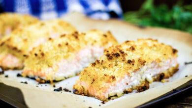 Horseradish roasted salmon with mustard potatoes packs a solid punch