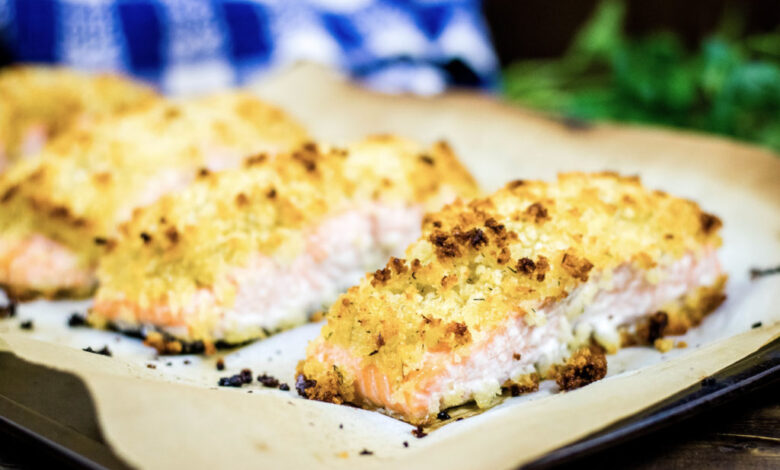 Horseradish roasted salmon with mustard potatoes packs a solid punch