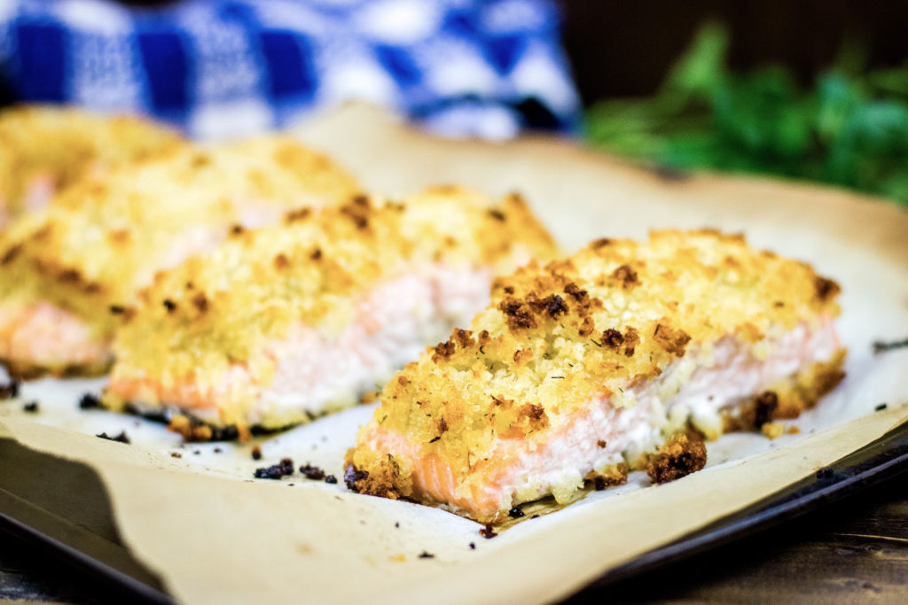 Horseradish roasted salmon with mustard potatoes packs a solid punch