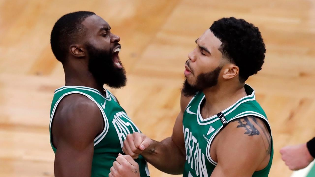 Celtics all star jayson tatum meets bird jaylen brown dunk